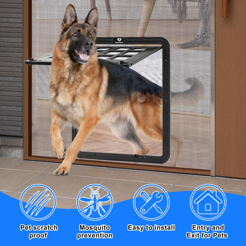 Morikey easy-installation guide illustration highlights quick setup on screen doors.