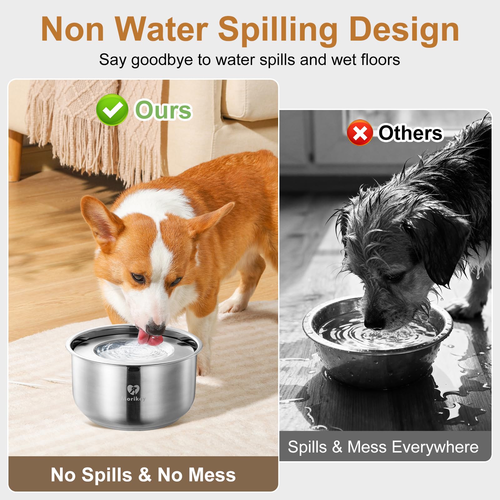 Morikey spill-proof dog water bowl prevents floor drips for clean rooms.