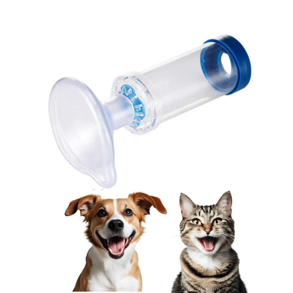 Moritas Pet inhaler spacer with two face masks shown in front view for easy home use