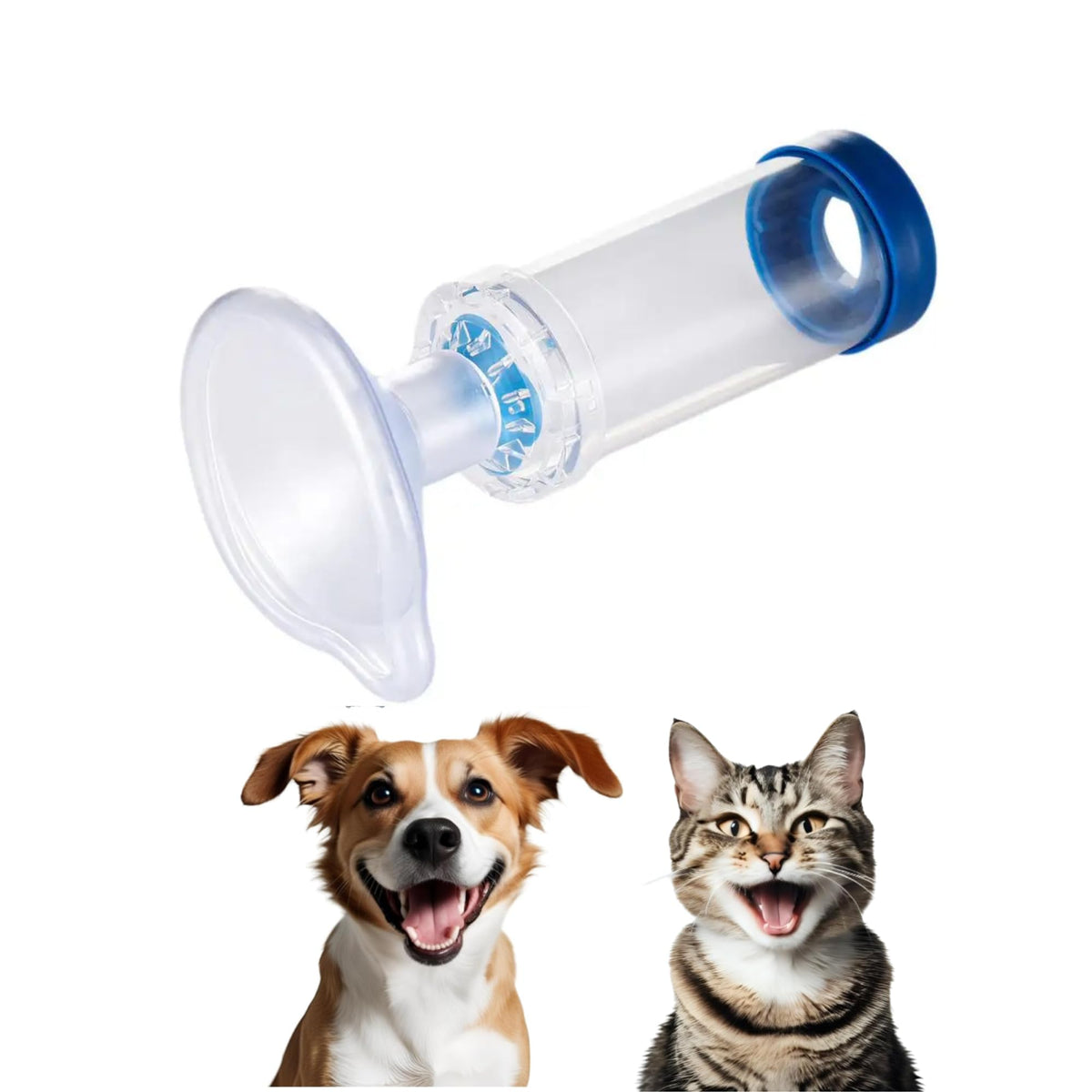 Moritas Pet inhaler spacer with two face masks shown in front view for easy home use