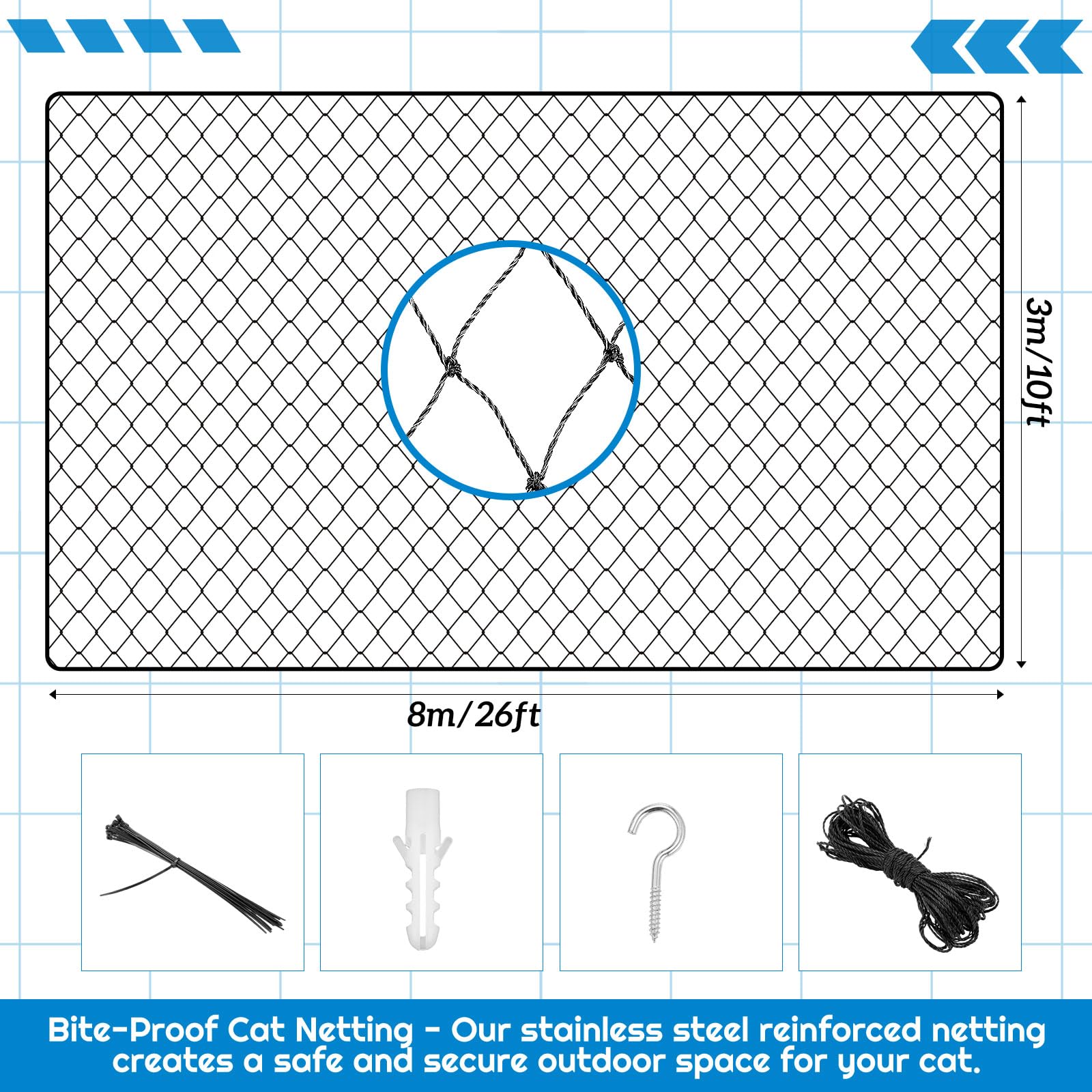 MorningRo cat netting packaging shows included hooks, ties, and rope for easy setup.