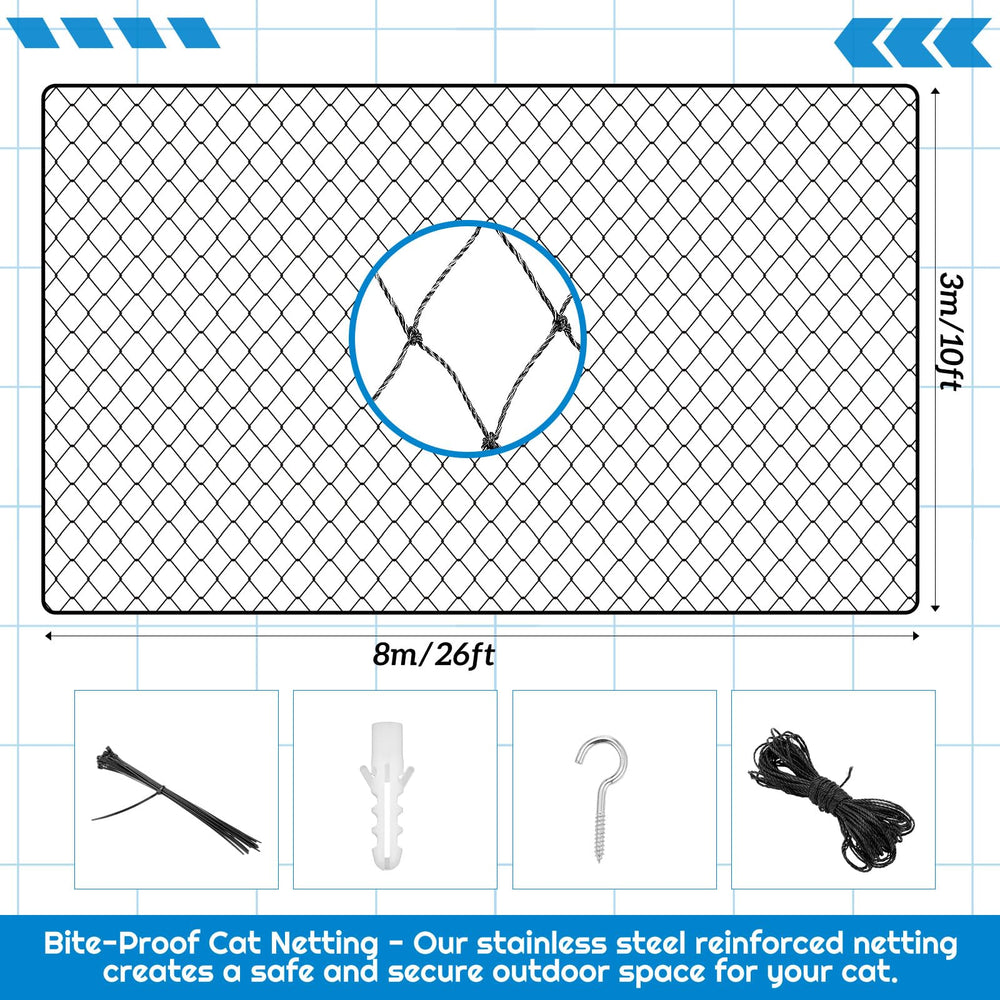 MorningRo cat netting packaging shows included hooks, ties, and rope for easy setup.