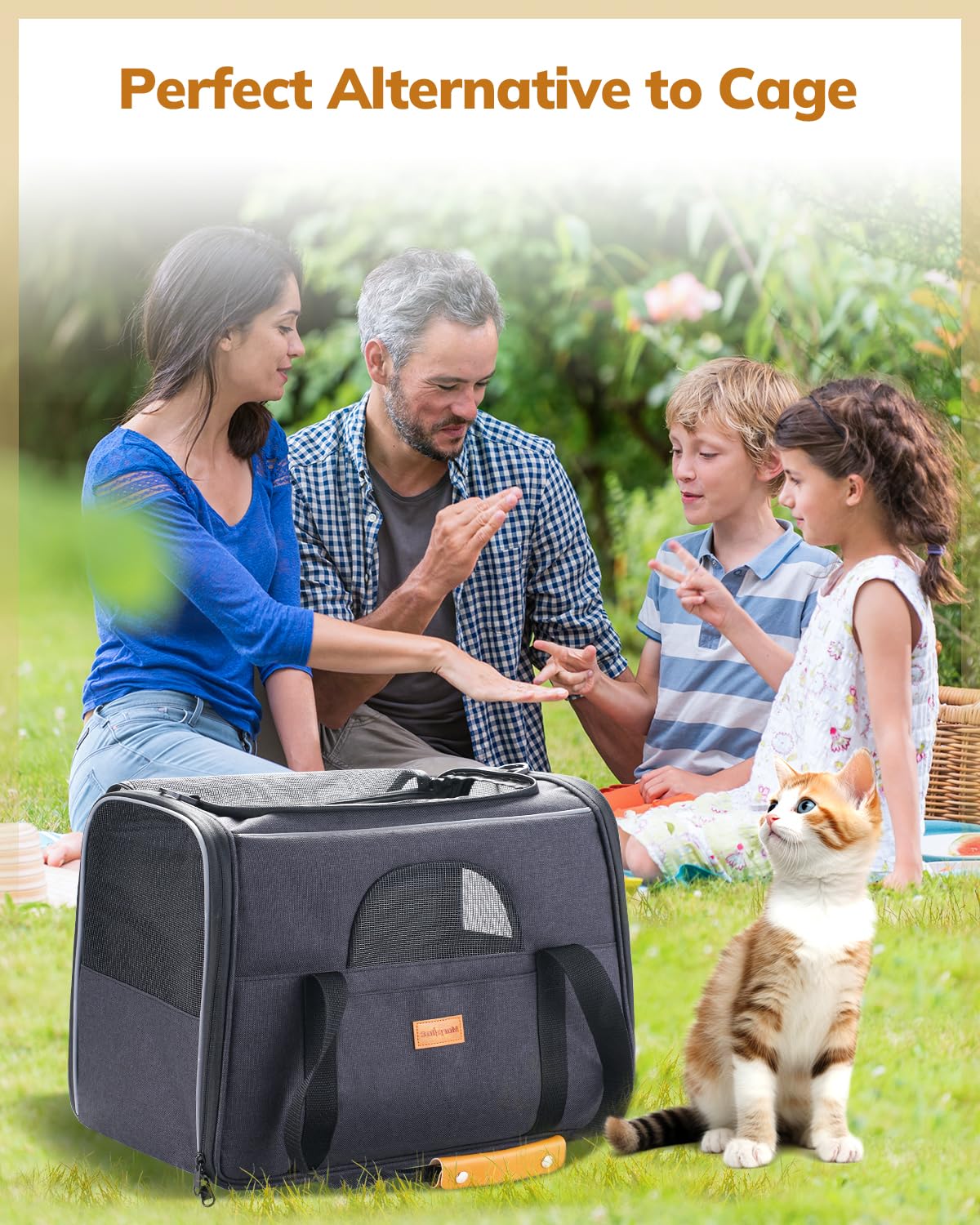 Morpilot Cat Carrier leather handle and adjustable straps for easy carrying.