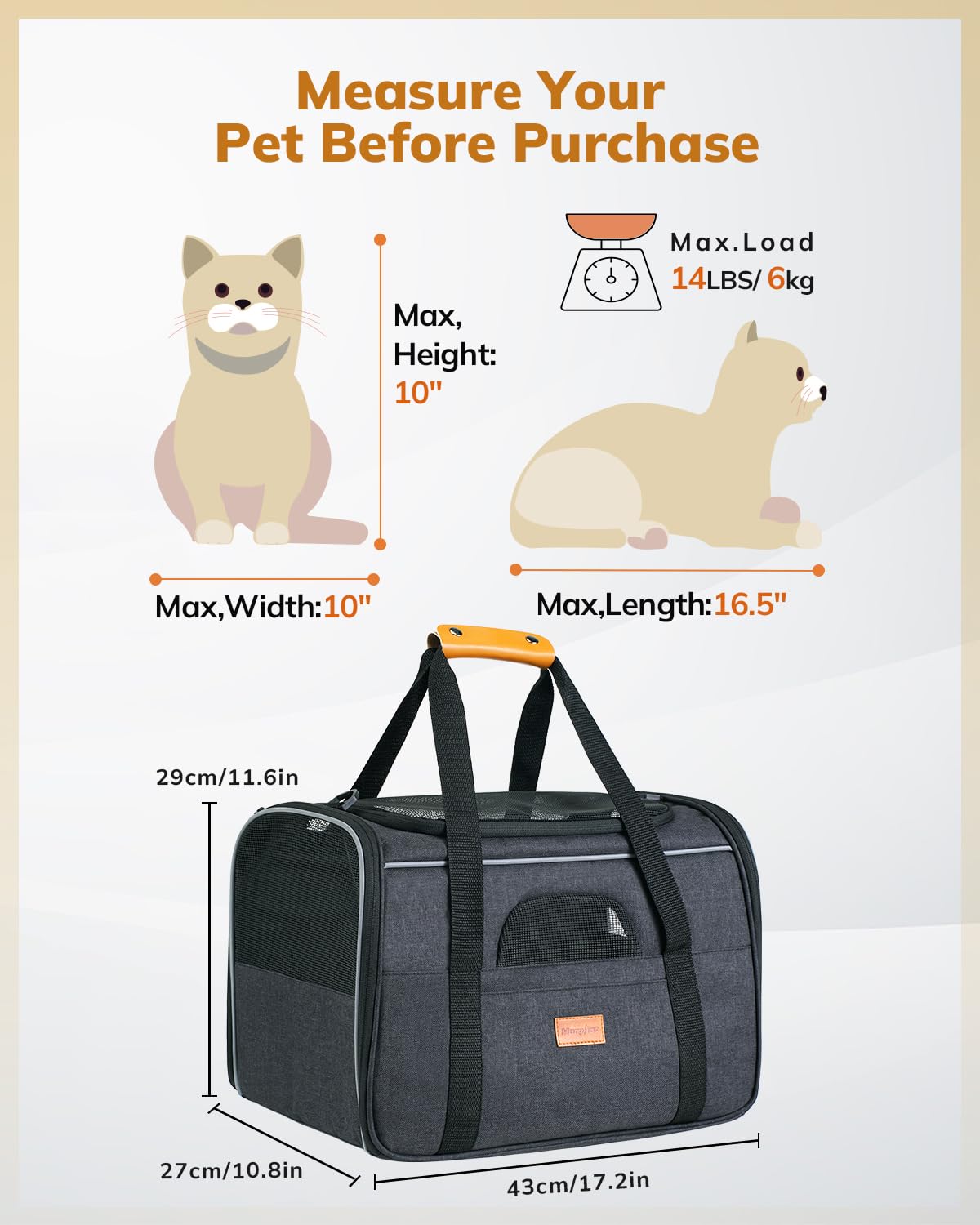 Morpilot cat carrier soft handle enables comfortable handheld travel.