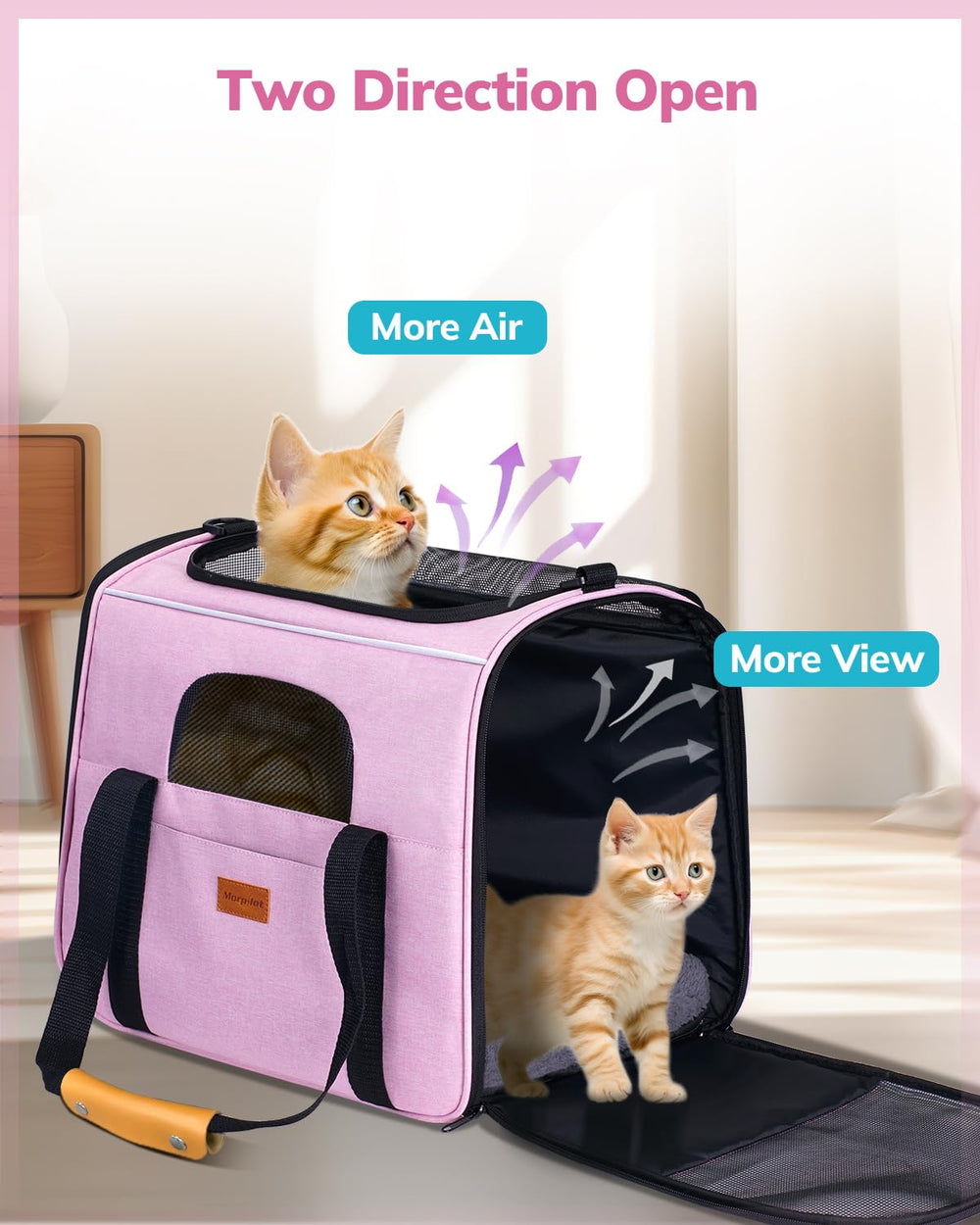 Morpilot pink cat carrier in use during car ride for medium sized pets.