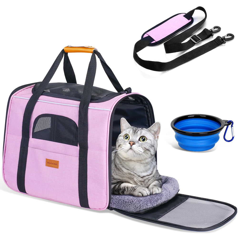 Morpilot portable cat carrier wide view highlighting spacious interior for comfy travel.