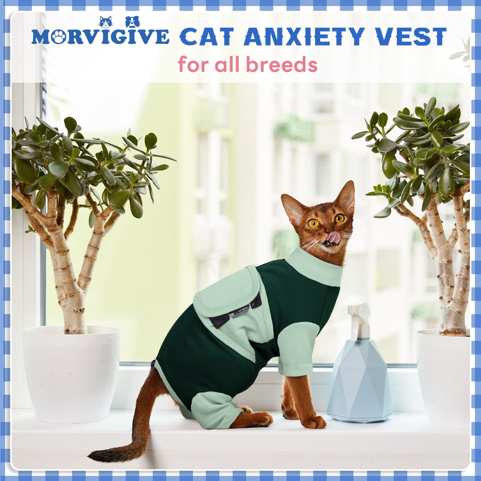 MORVIGIVE cat-therapy wrap shows easy-on-off Velcro for quick management during stressful moments