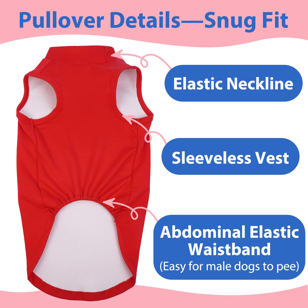 Morvigive dog fleece vest red side view shows snug fit with elastic stretch for easy dressing