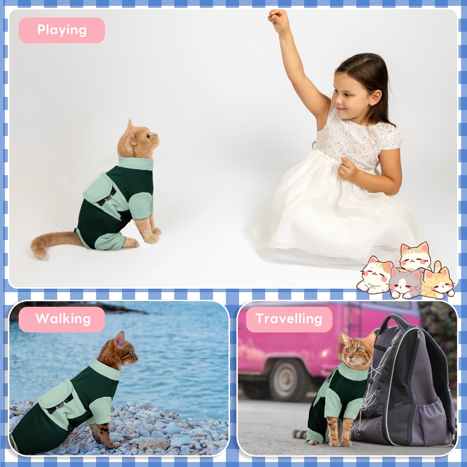 MORVIGIVE travel-ready cat wearing green catsuit indicates versatile use during journeys