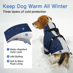 MORVIGIVE turtleneck dog coat navy back view showcasing built-in harness and easy-on design