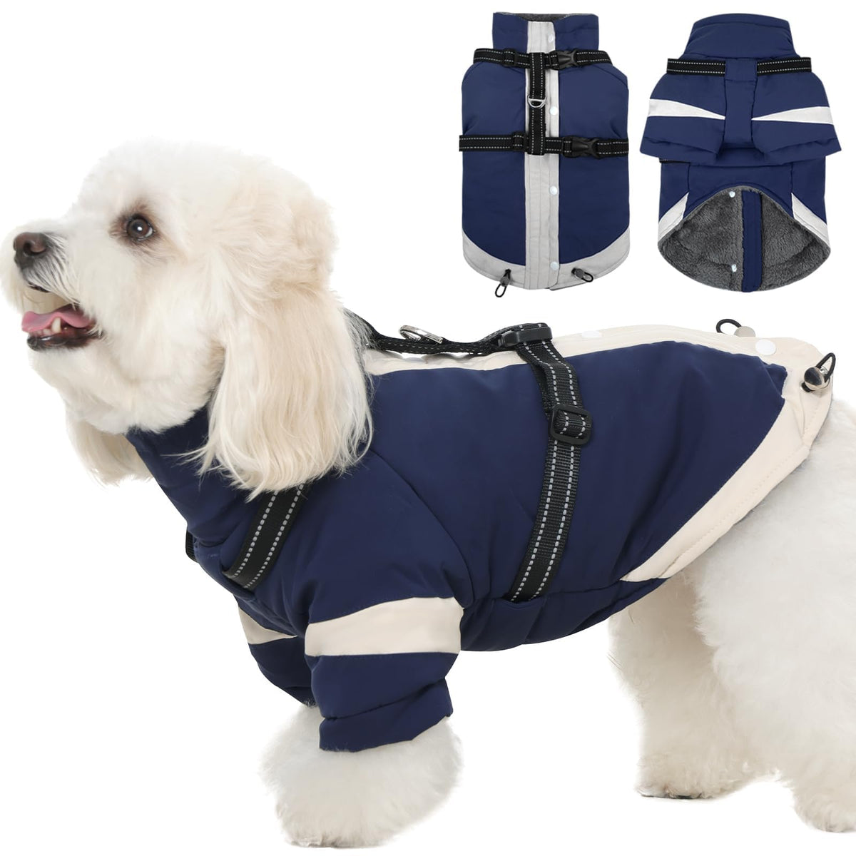 MORVIGIVE turtleneck dog coat navy front view with warm lining for chilly outdoor walks