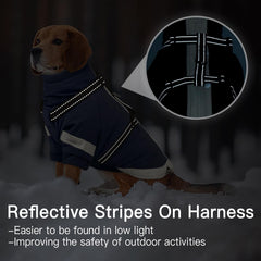 MORVIGIVE navy harness built-in closeup showing secure leash integration