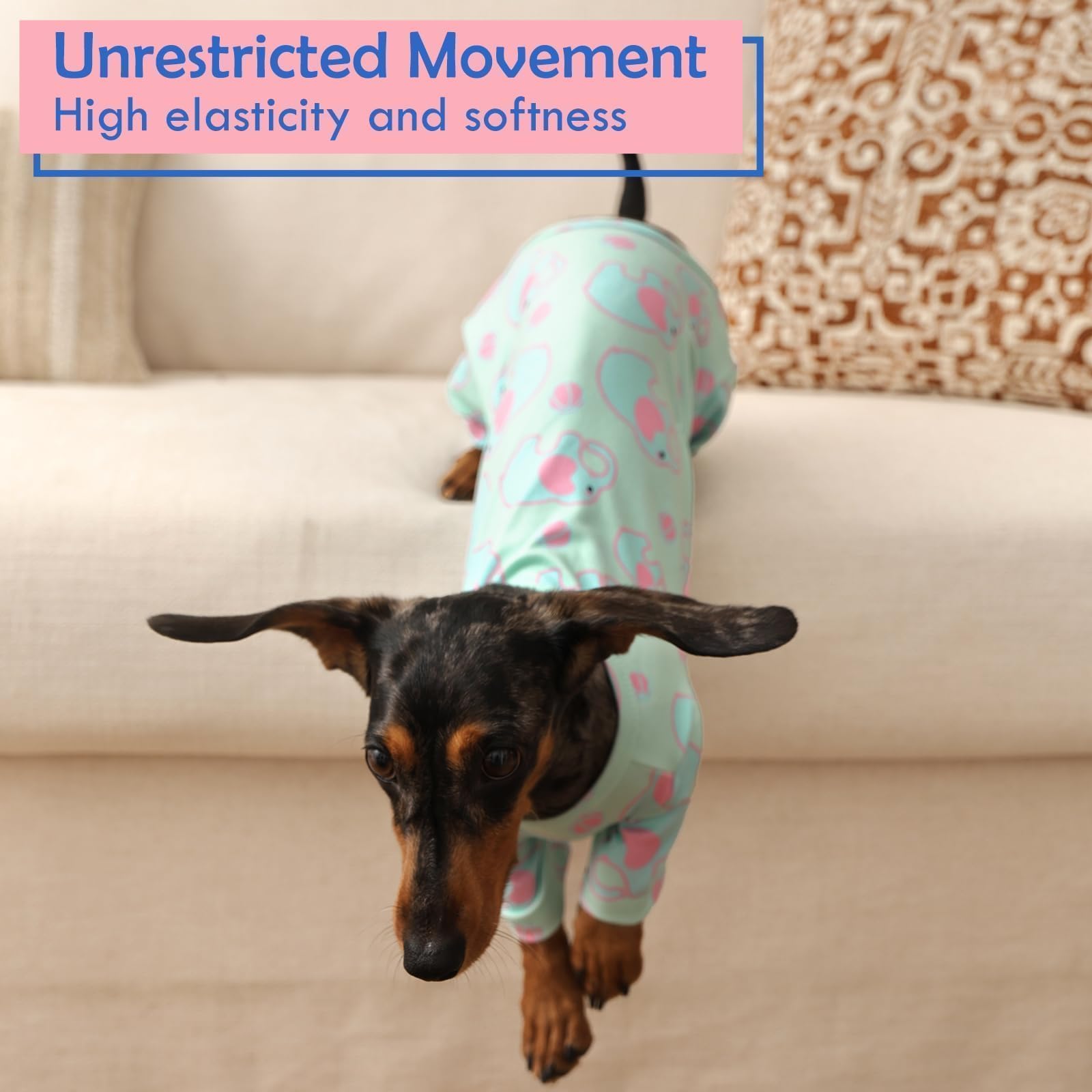 MORVIGIVE XS dog PJs full-coverage design on-body shot for warmth and ease