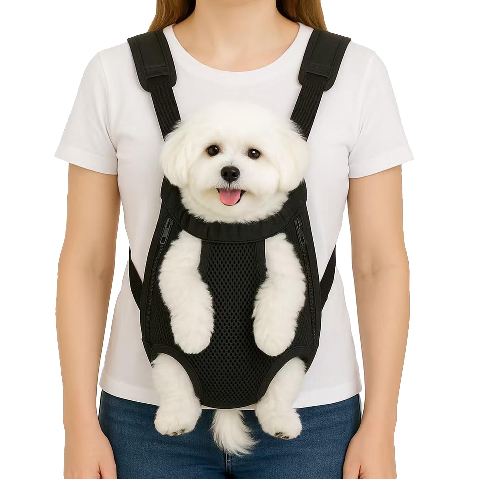 Mosago dog backpack front view shows comfortable wear for daily walks.