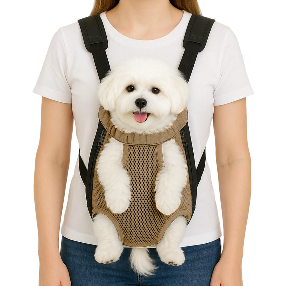 Mosago dog backpack carrier front view shows compact fit for small dogs during walks