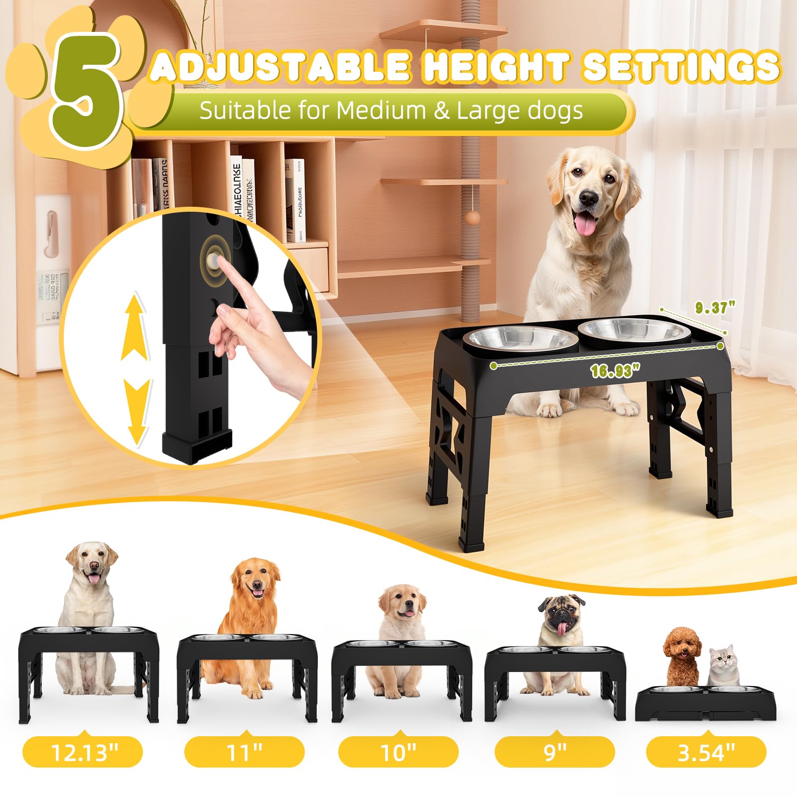Moserein elevated dog bowls height-settings show adjustable levels for growing dogs and changing needs.