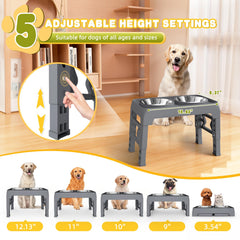 Moserein five-height options demonstrate adjustable dining height for growing dogs.