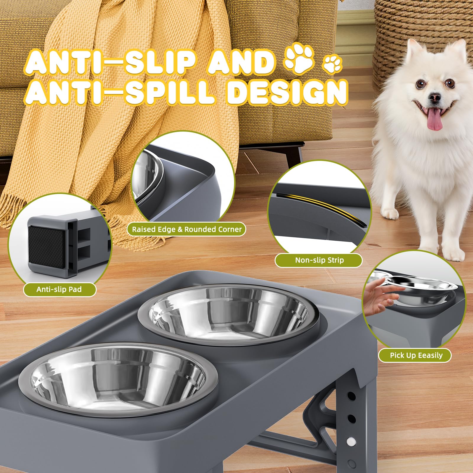 Moserein mess-proof raised stand keeps floors clean during enthusiastic meals.