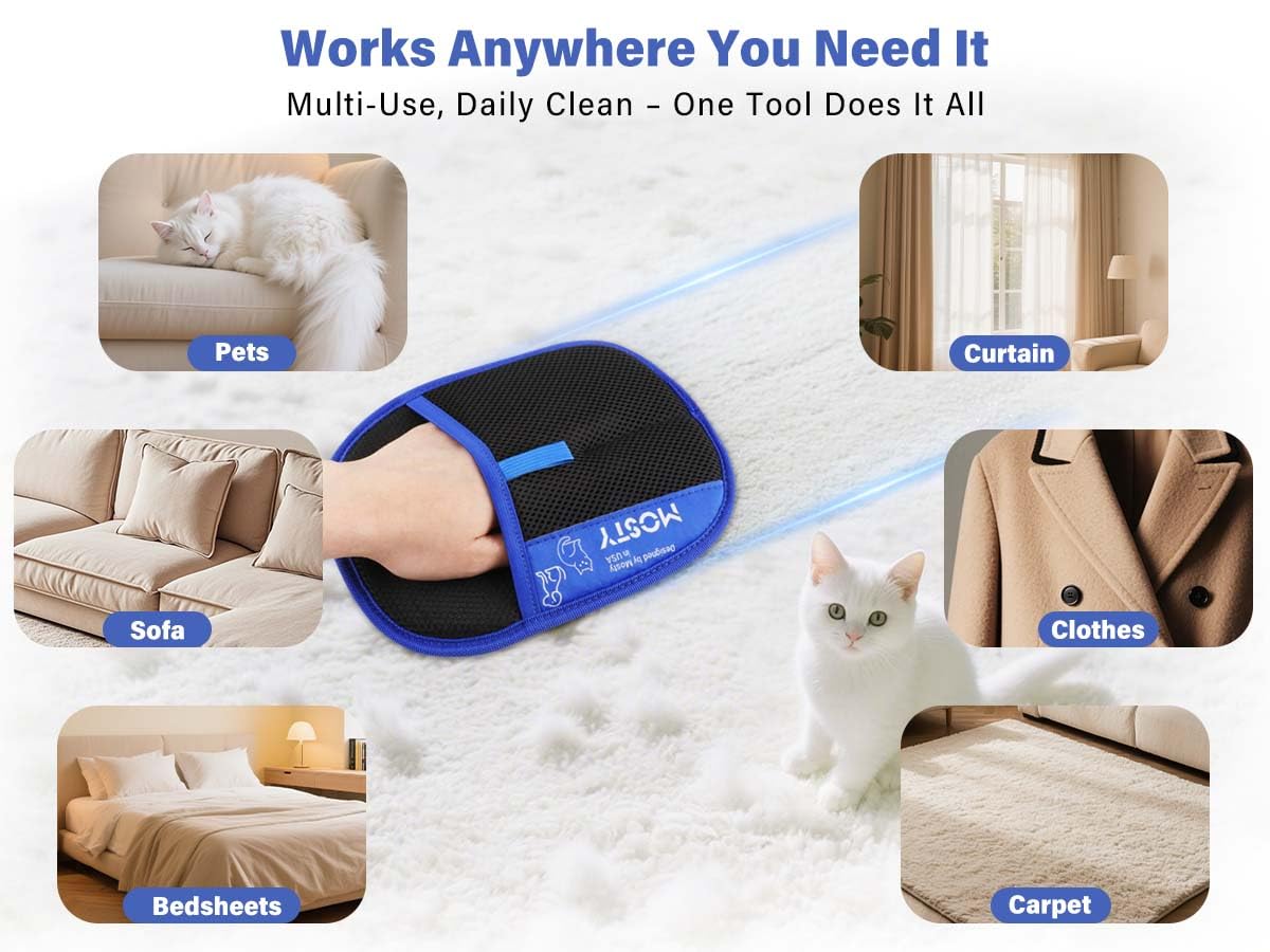 Mosty electrostatic glove in action lifting pet hair from furniture.