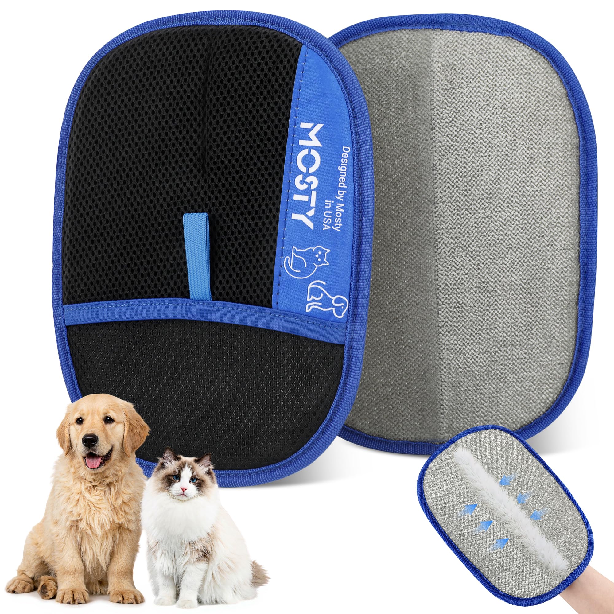 Mosty pet hair removal glove front view showing double-sided design for quick fur lift.