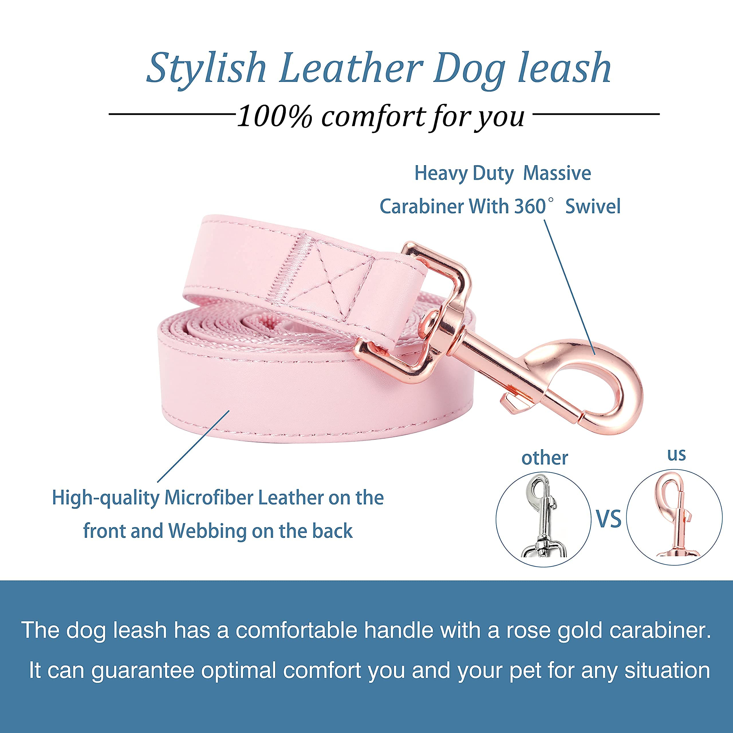 MoTaity dog leash pink with rose gold buckle adds stylish safety on walks.
