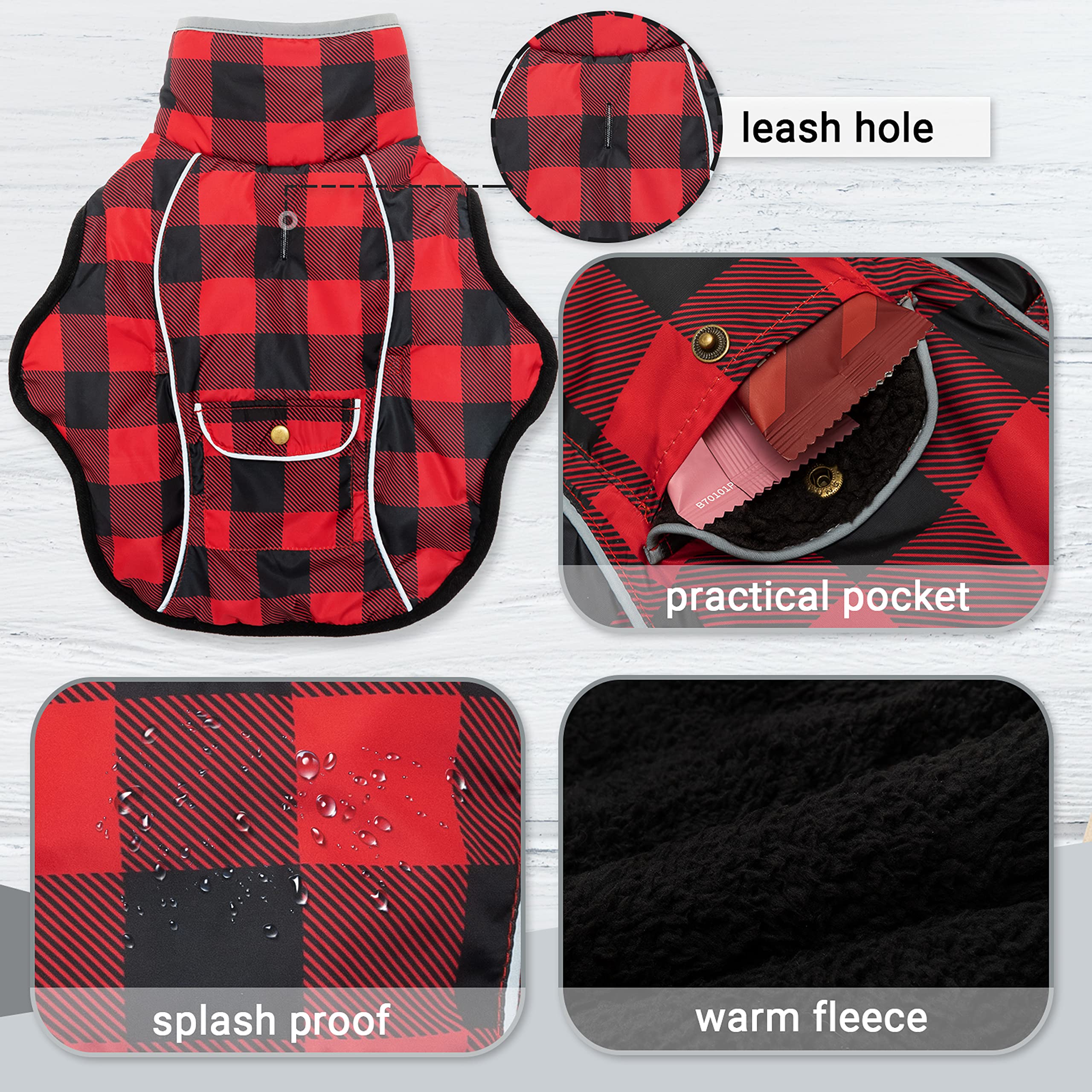 MOTZABO dog winter coat leash hole closeup demonstrates harness compatibility on outdoor walks.