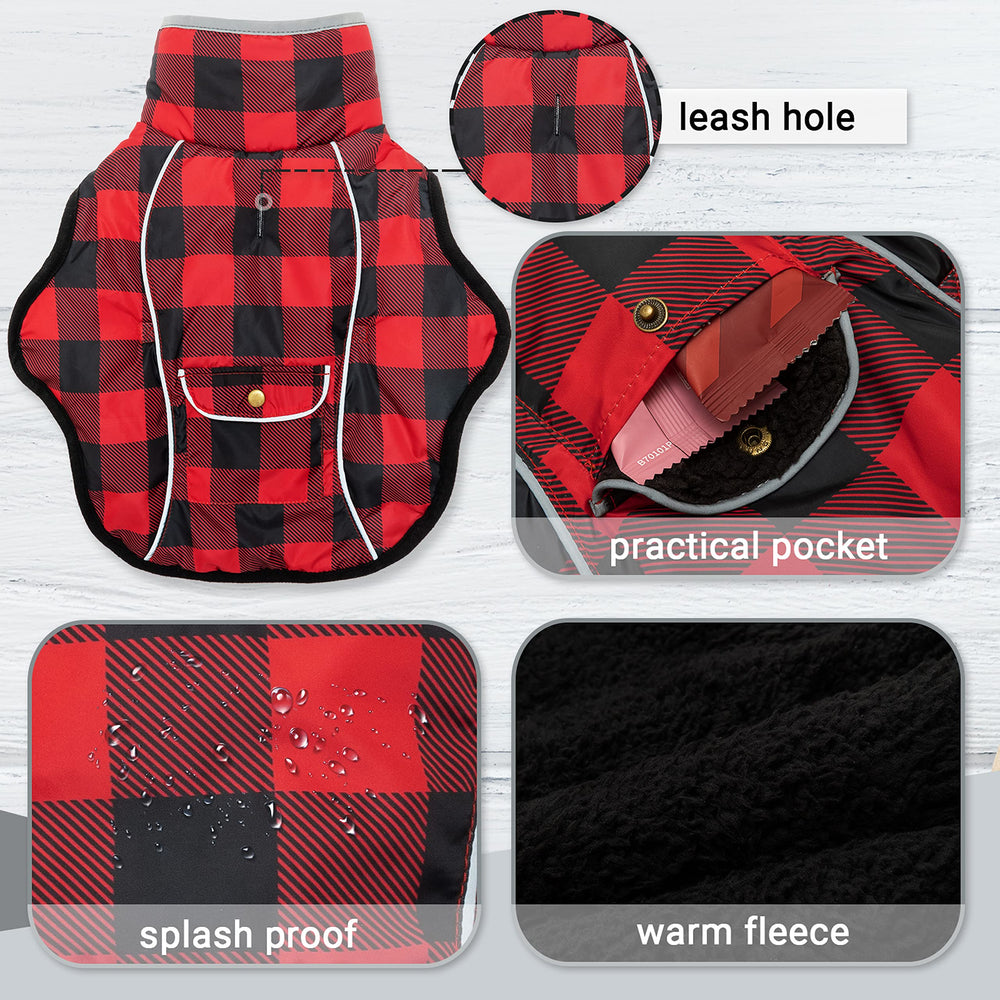 MOTZABO dog winter coat leash hole closeup demonstrates harness compatibility on outdoor walks.