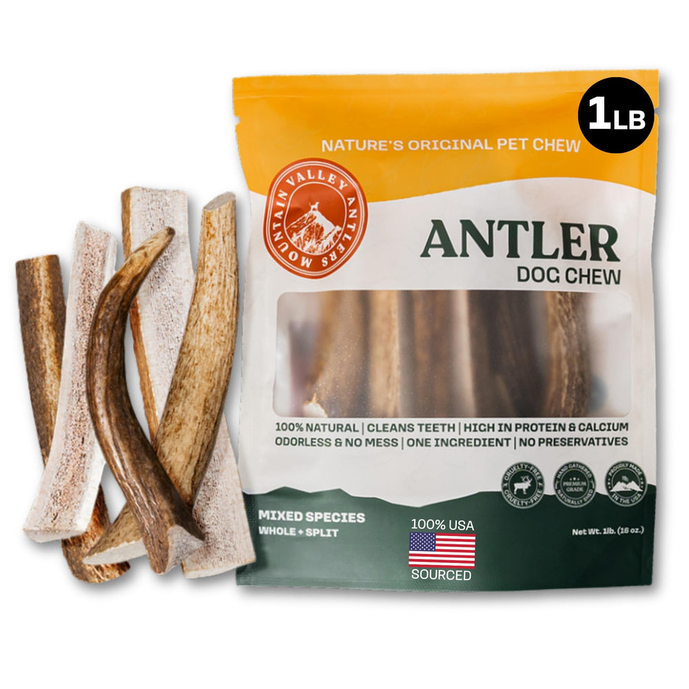 Mountain Valley Antlers mixed-species dog chew, durable and long-lasting for energetic chewers.