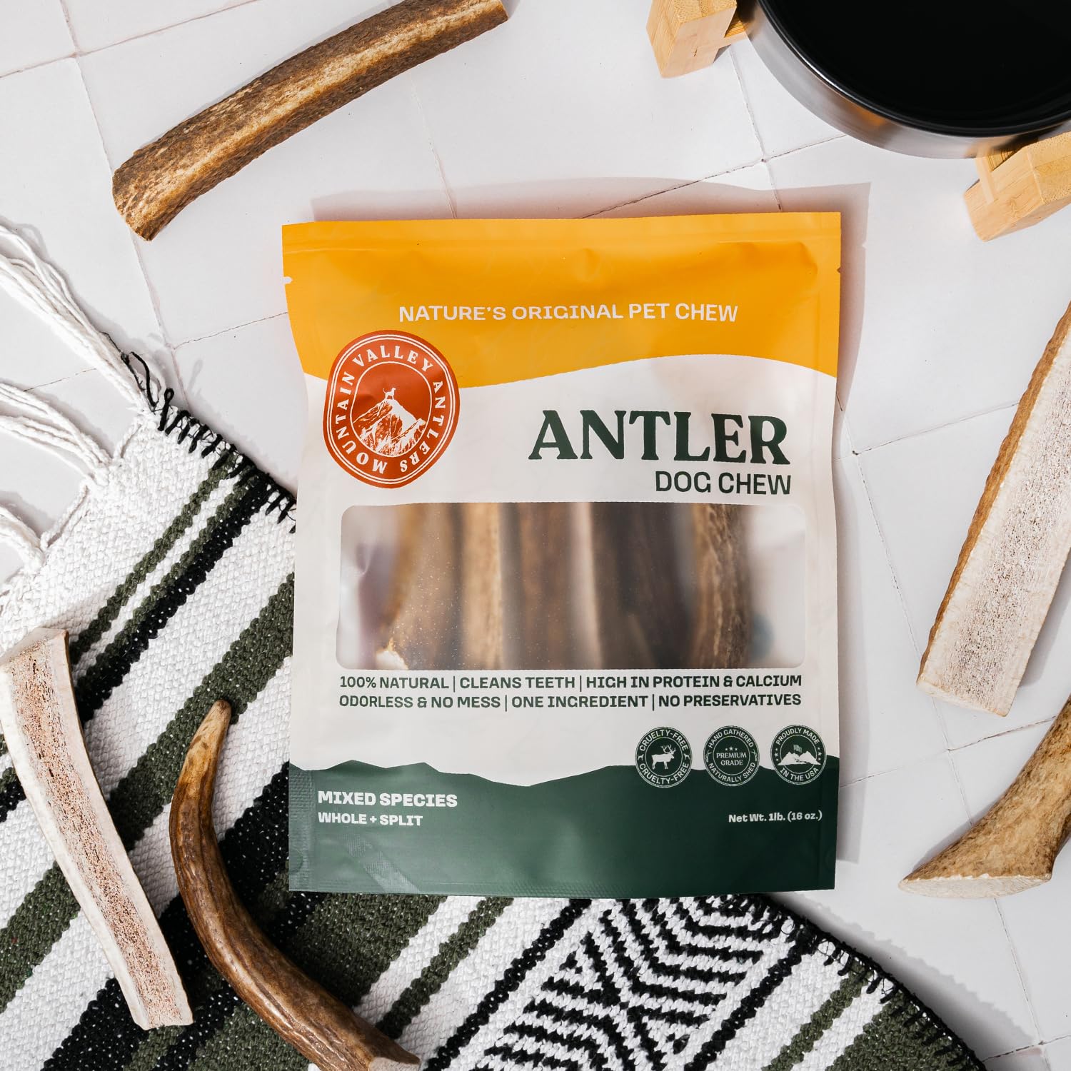 Mountain Valley Antlers mixed-species dog chew, reduced mess and odor.