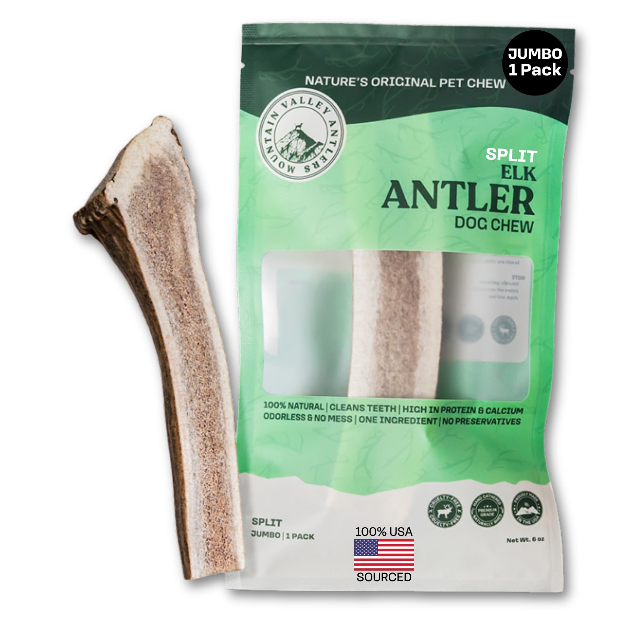 Mountain Valley Antlers elk antler jumbo-split image demonstrates a durable chew for powerful chewers.