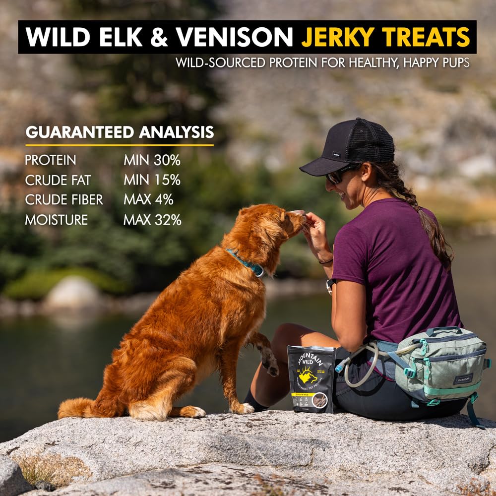 MOUNTAIN WILD free-range elk/deer meat image highlights ethical sourcing and protein-rich bites