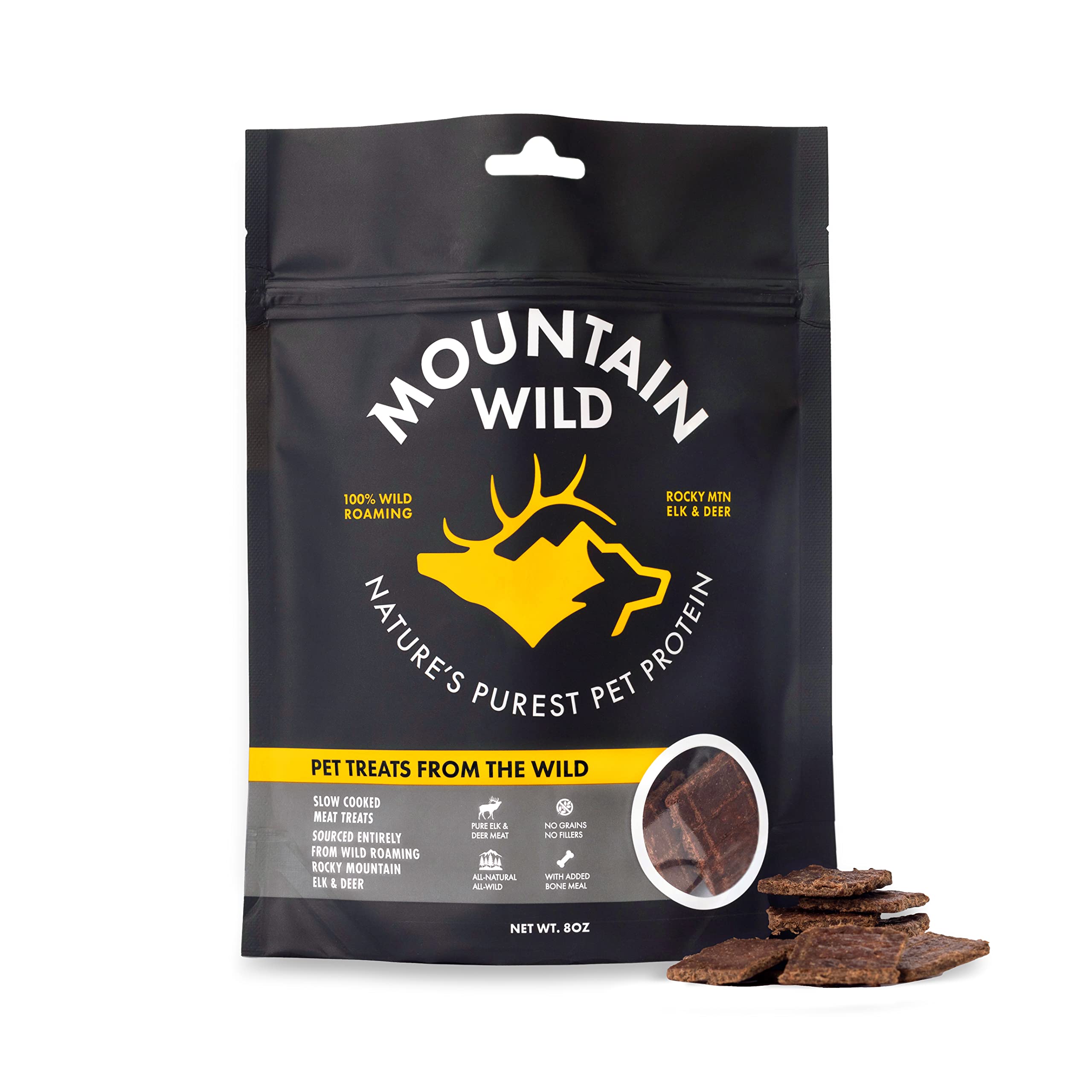 MOUNTAIN WILD venison jerky packaging highlights all-natural dog treats for training rewards.
