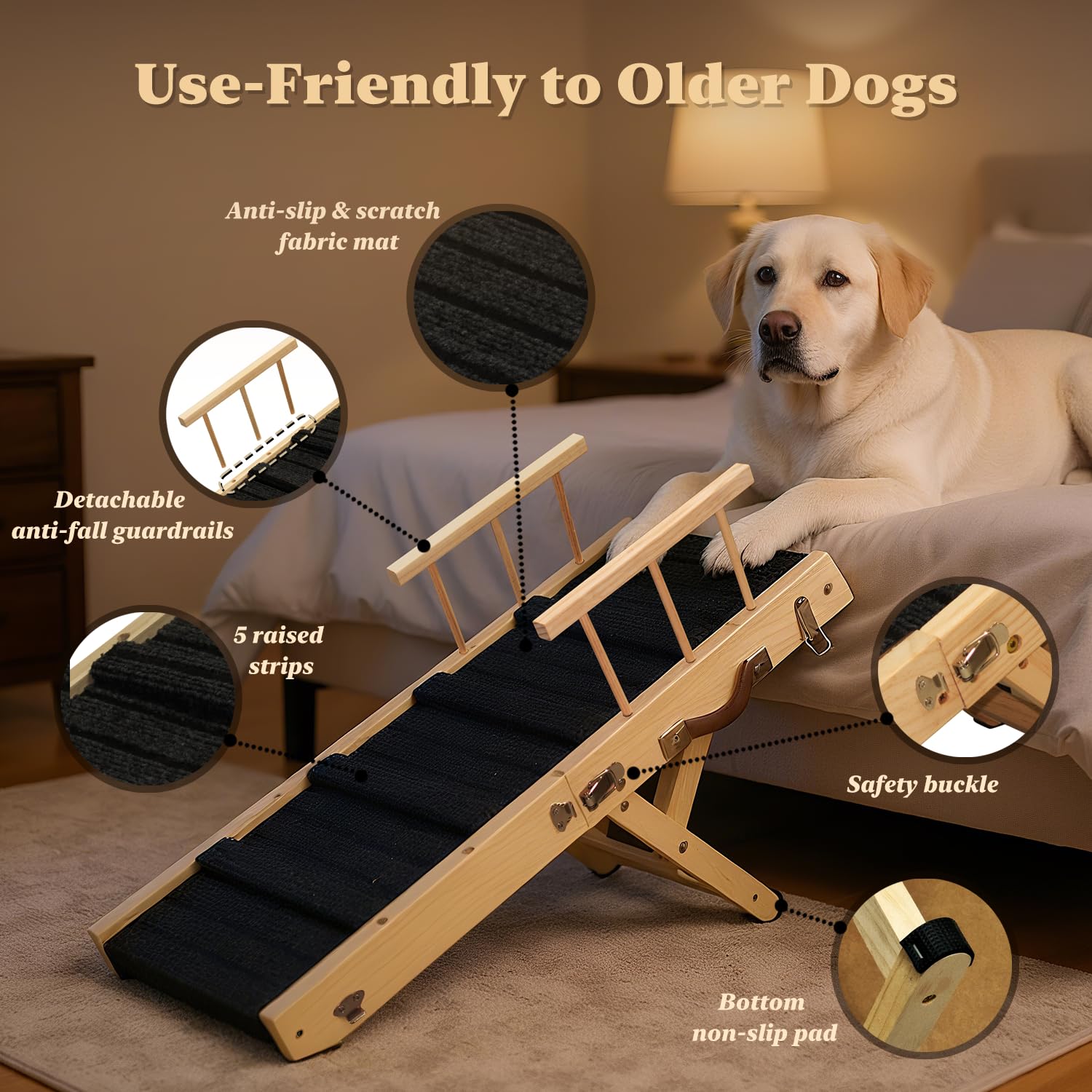 Mousterian dog ramp portable leather handle enables easy transport.