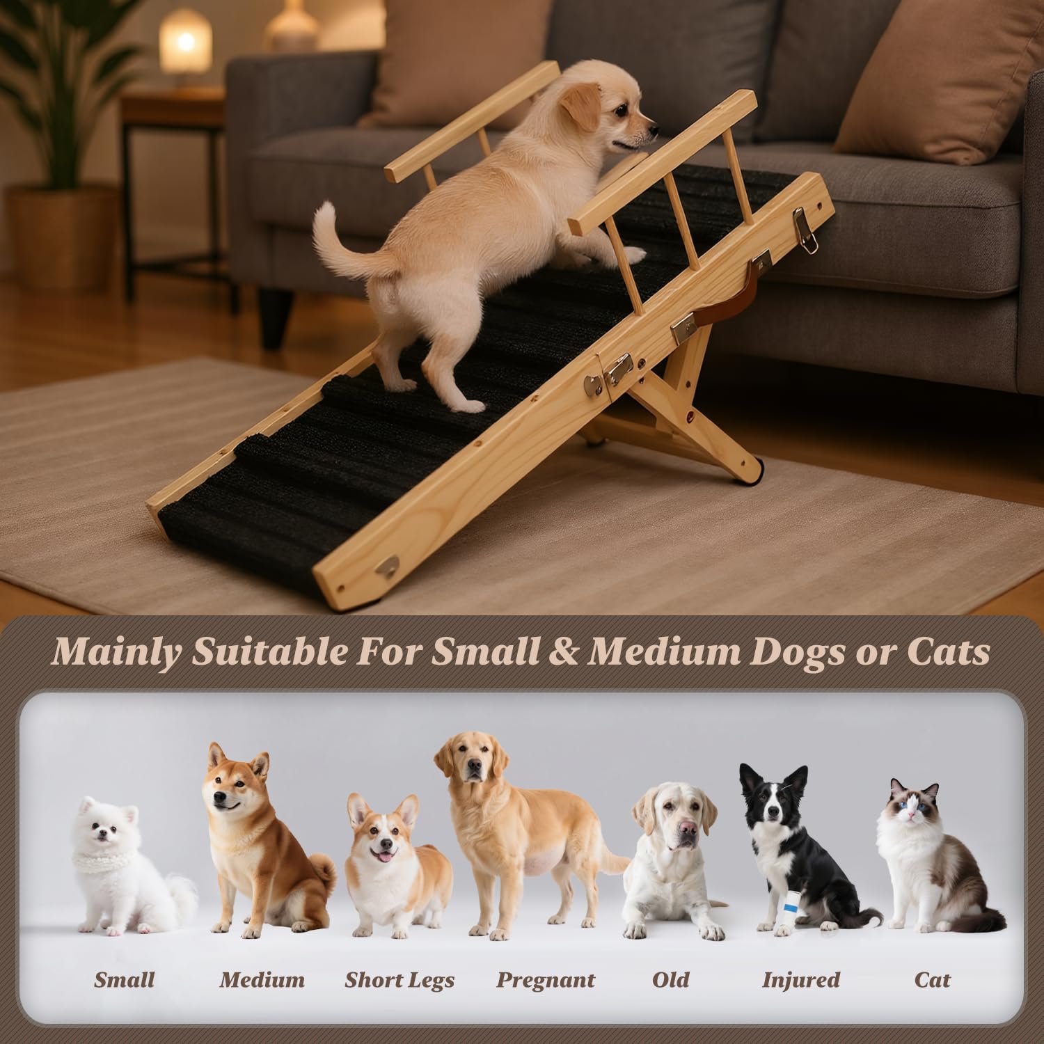 Mousterian dog ramp solid wood frame communicates durability and stability.