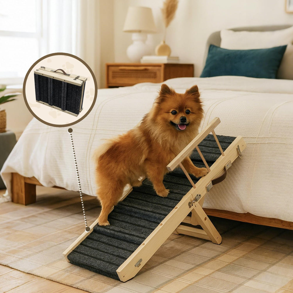 Mousterian small dog ramp foldable storage highlights compact portability for travel.