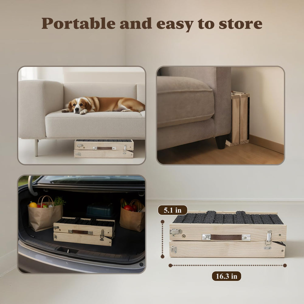 Mousterian small dog ramp height settings illustrate four adjustable levels for furniture.