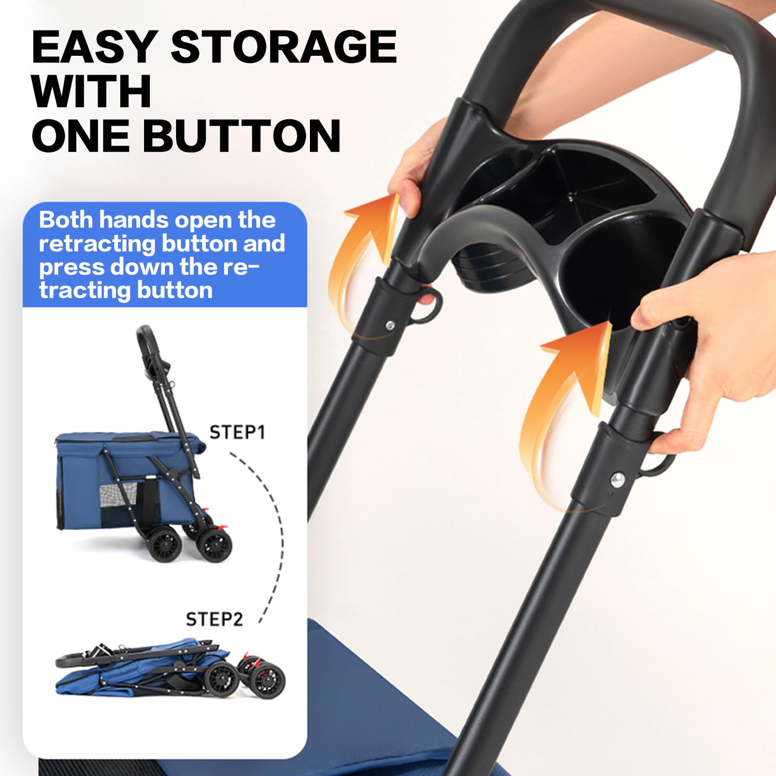 MOV COMPRA Pet Stroller blue extended-handle shows ergonomic handling for long walks.