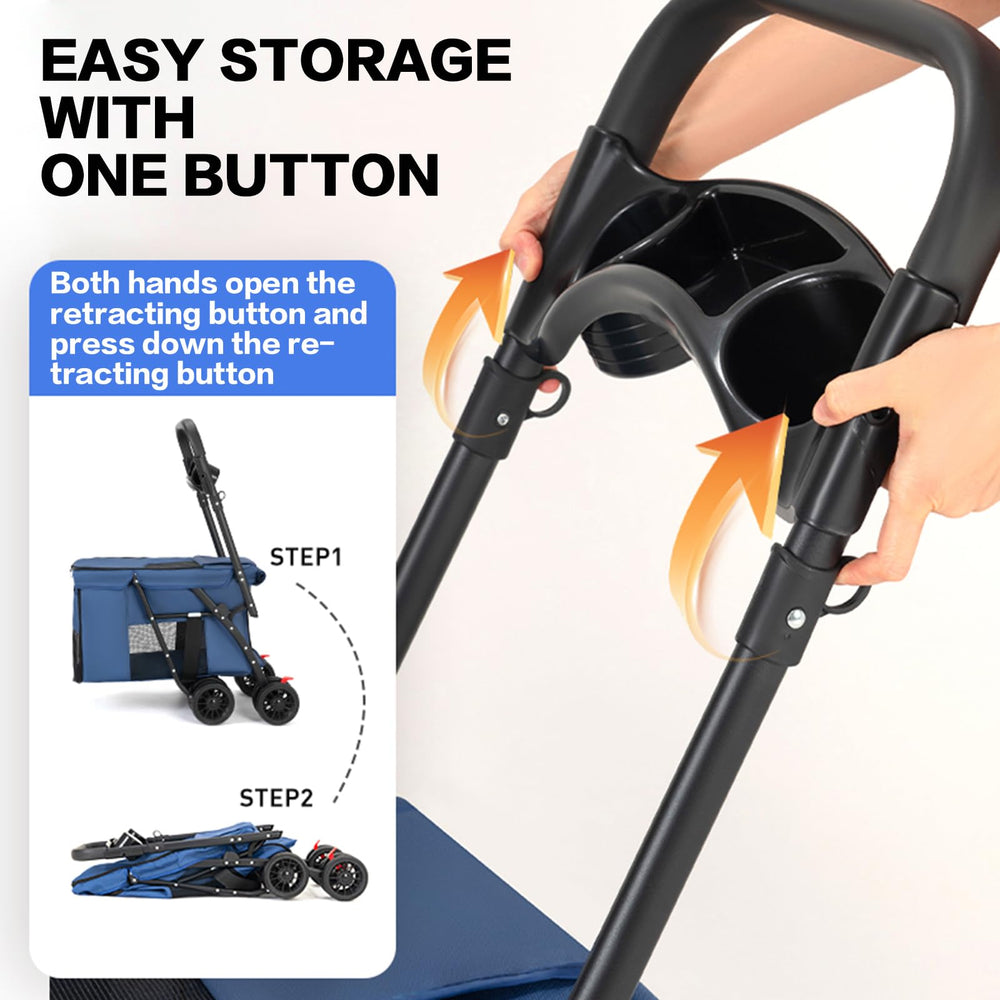 MOV COMPRA Pet Stroller blue extended-handle shows ergonomic handling for long walks.