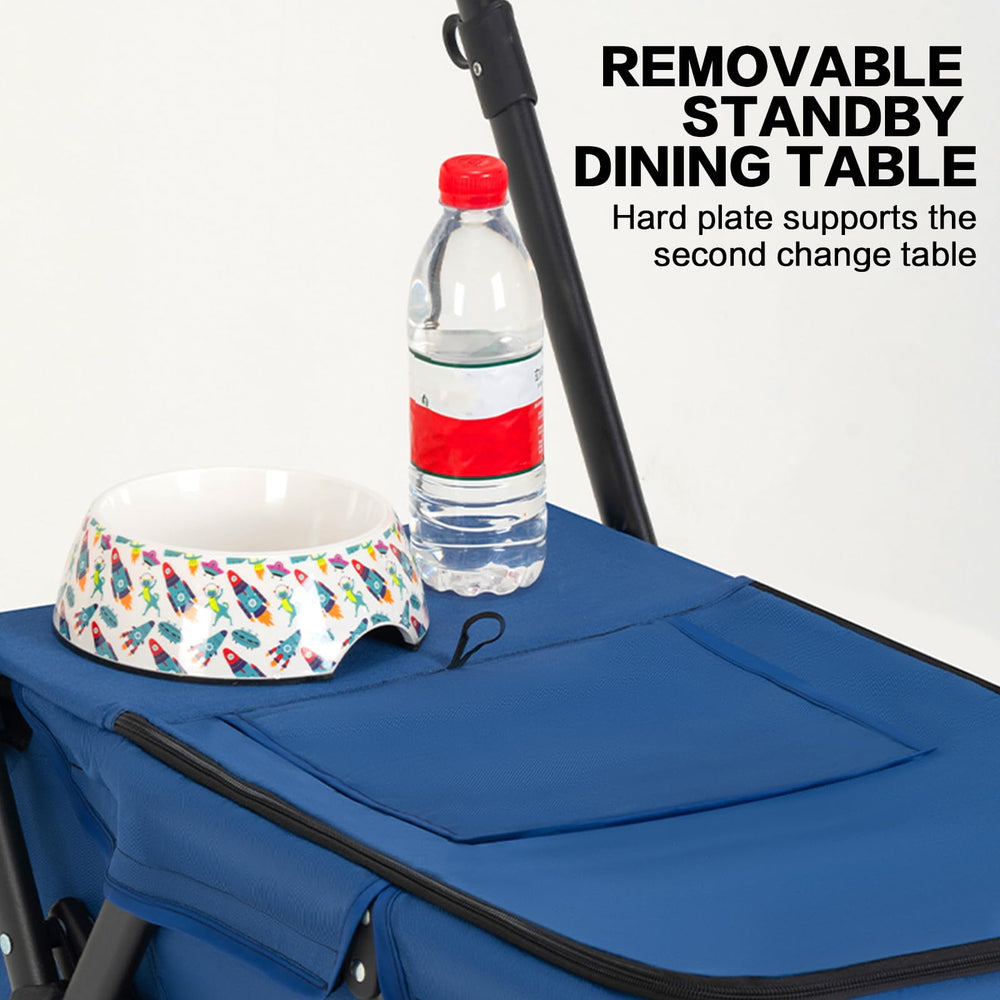 MOV COMPRA Pet Stroller blue folded view demonstrates compact storage at home or travel.