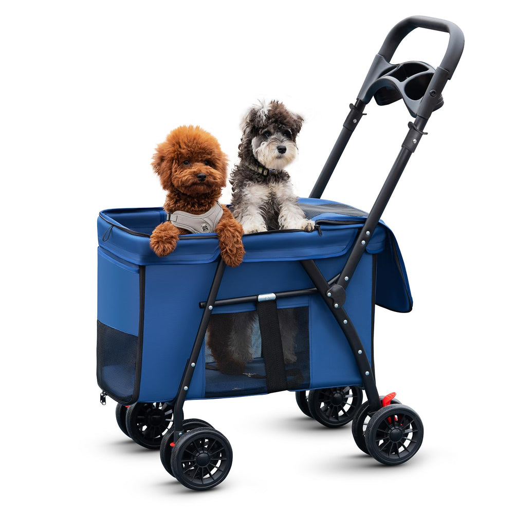 MOV COMPRA Pet Stroller blue front view shows spacious interior for comfortable travel.