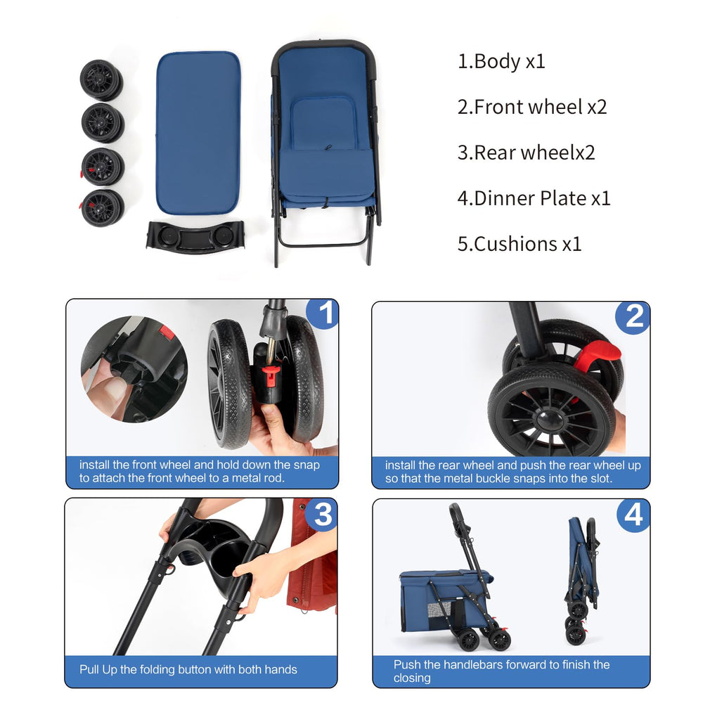 MOV COMPRA Pet Stroller blue water-food compartment emphasizes convenient travel accessories.