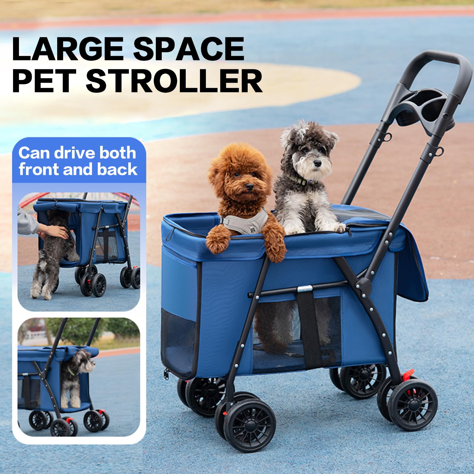 MOV COMPRA Pet Stroller blue wheels view highlights detachable wheels for easy maintenance.