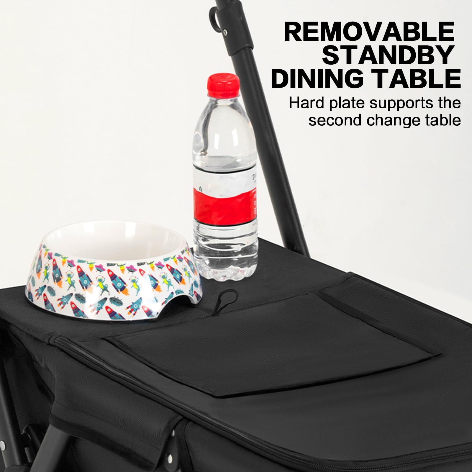 MOV COMPRA pet stroller interior shows removable mat with cooling and warm fabrics