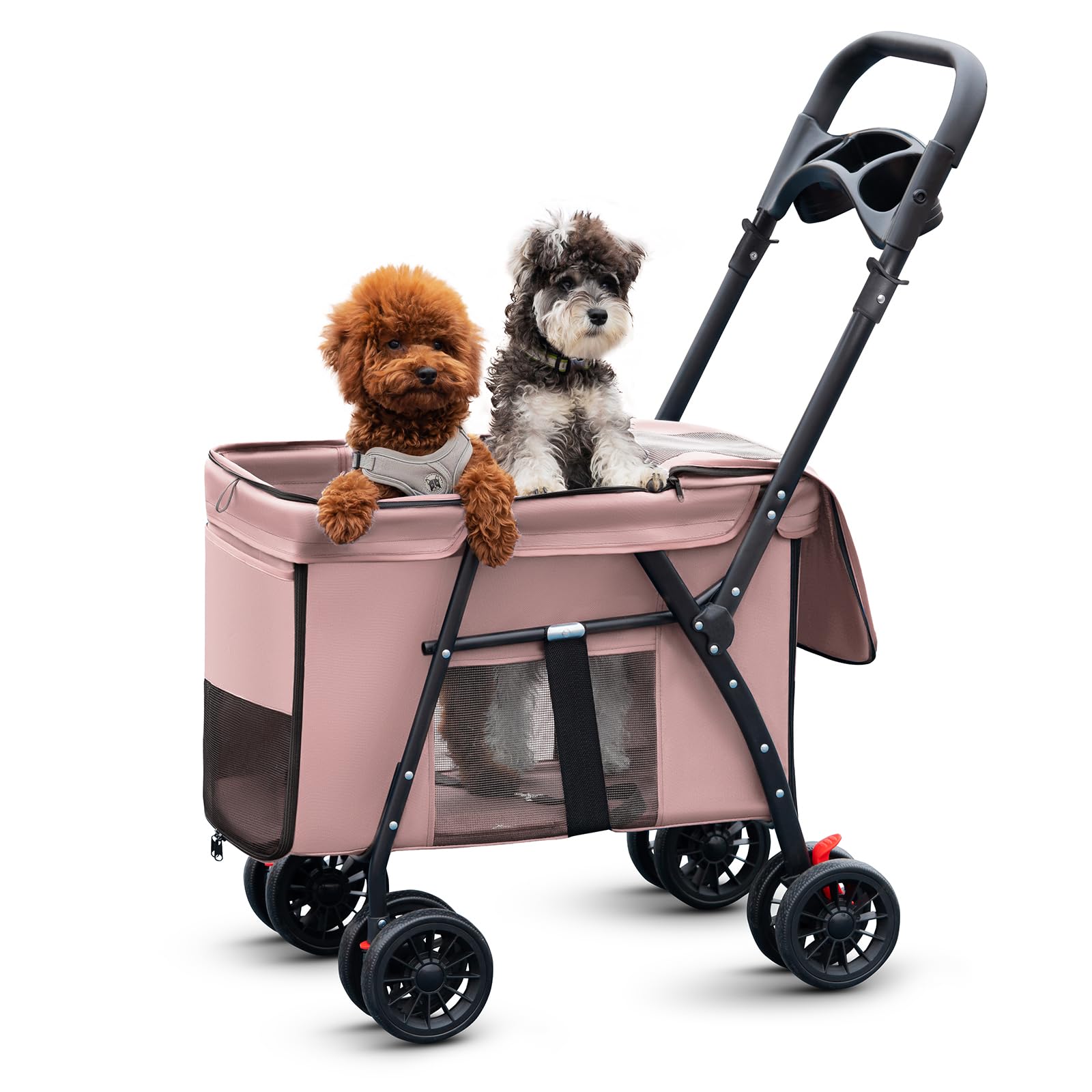 MOV COMPRA pet stroller pink front view highlights roomy space for comfortable travel.