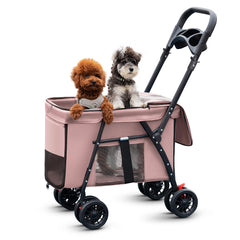 MOV COMPRA pet stroller pink front view highlights roomy space for comfortable travel.