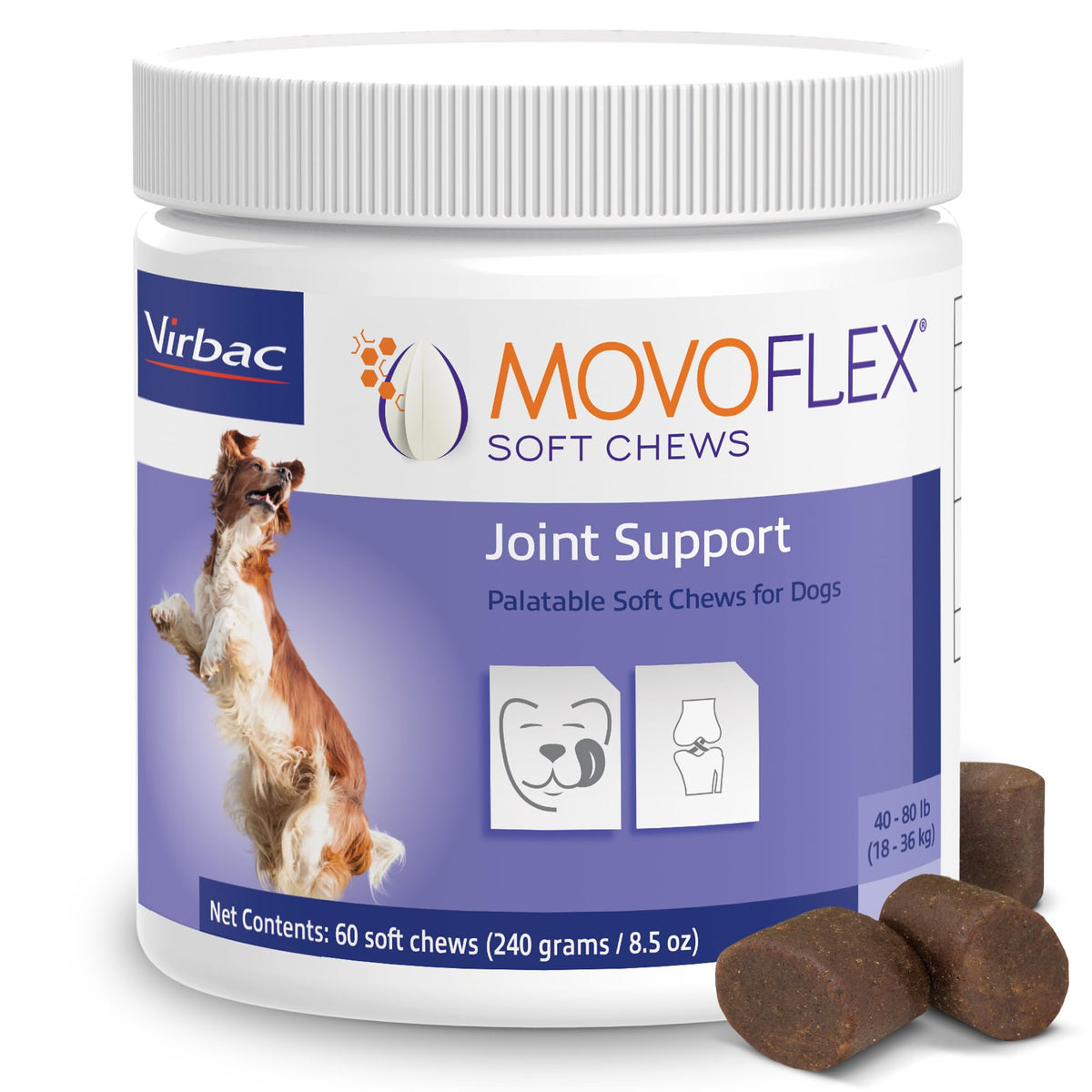 MOVOFLEX soft chews bottle-dosing shows easy once-daily joint support for dogs.
