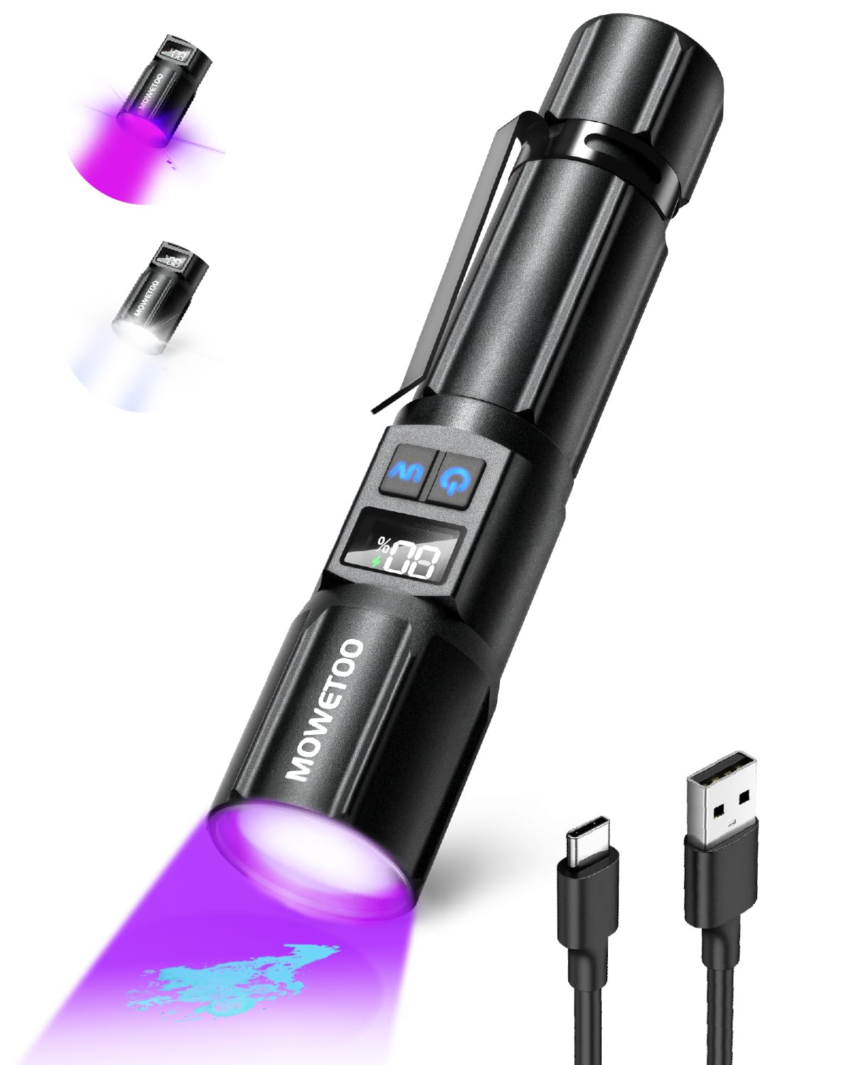 MOWETOO black-light flashlight front view shows 395nm UV for stain detection.