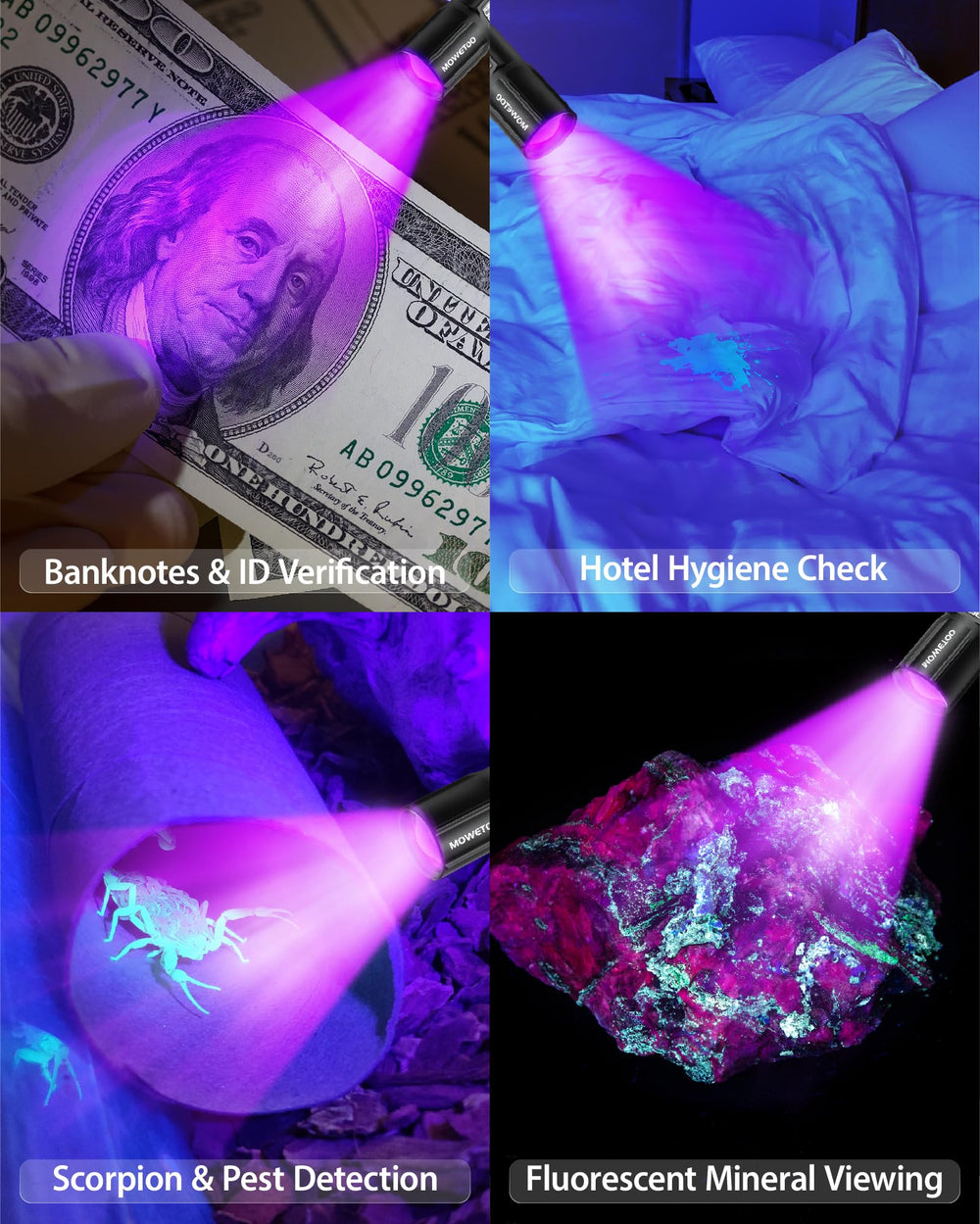 MOWETOO resin-curing check highlights fluorescence for crafts and resin work.