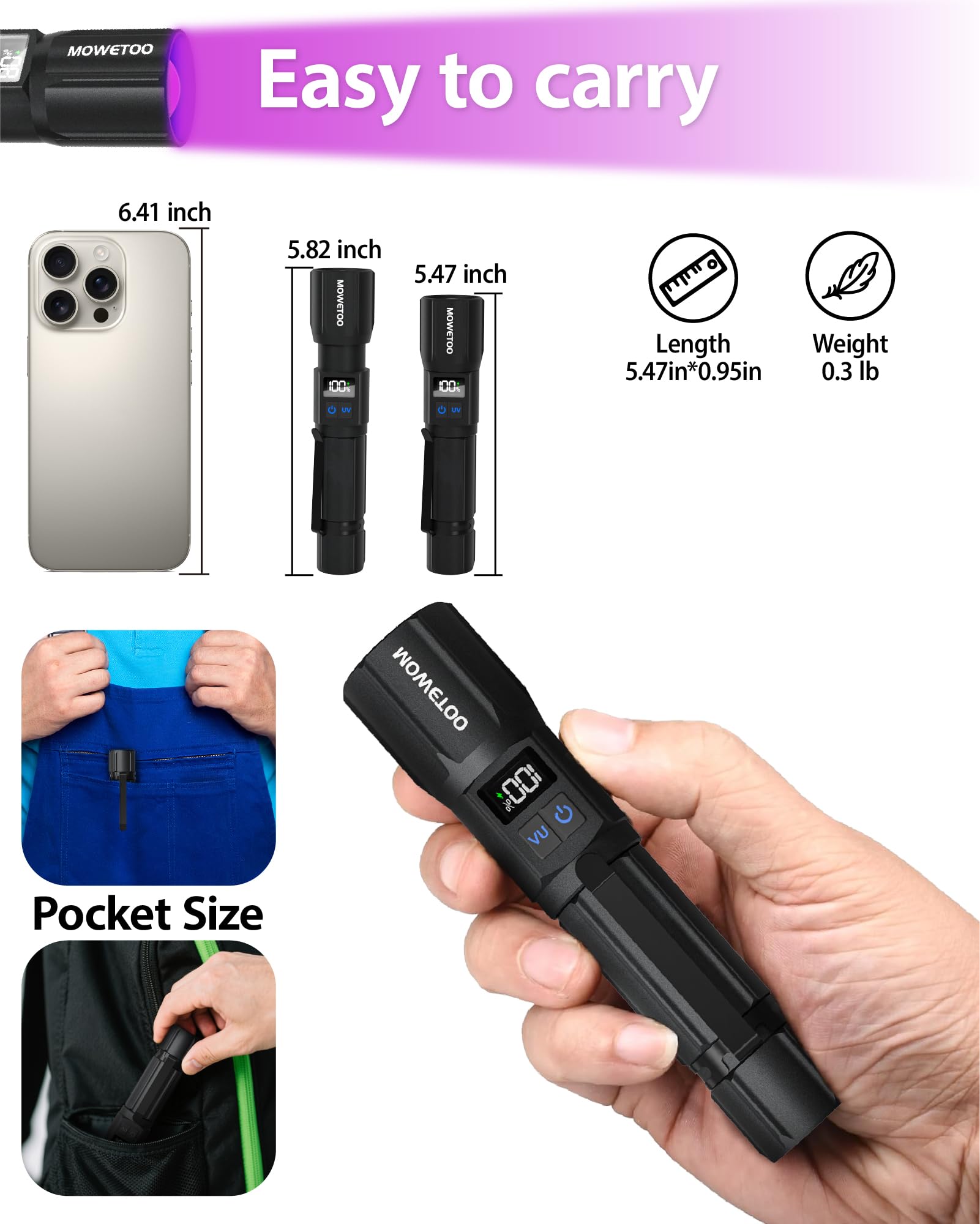 MOWETOO travel-friendly UV flashlight aids leak detection at night.