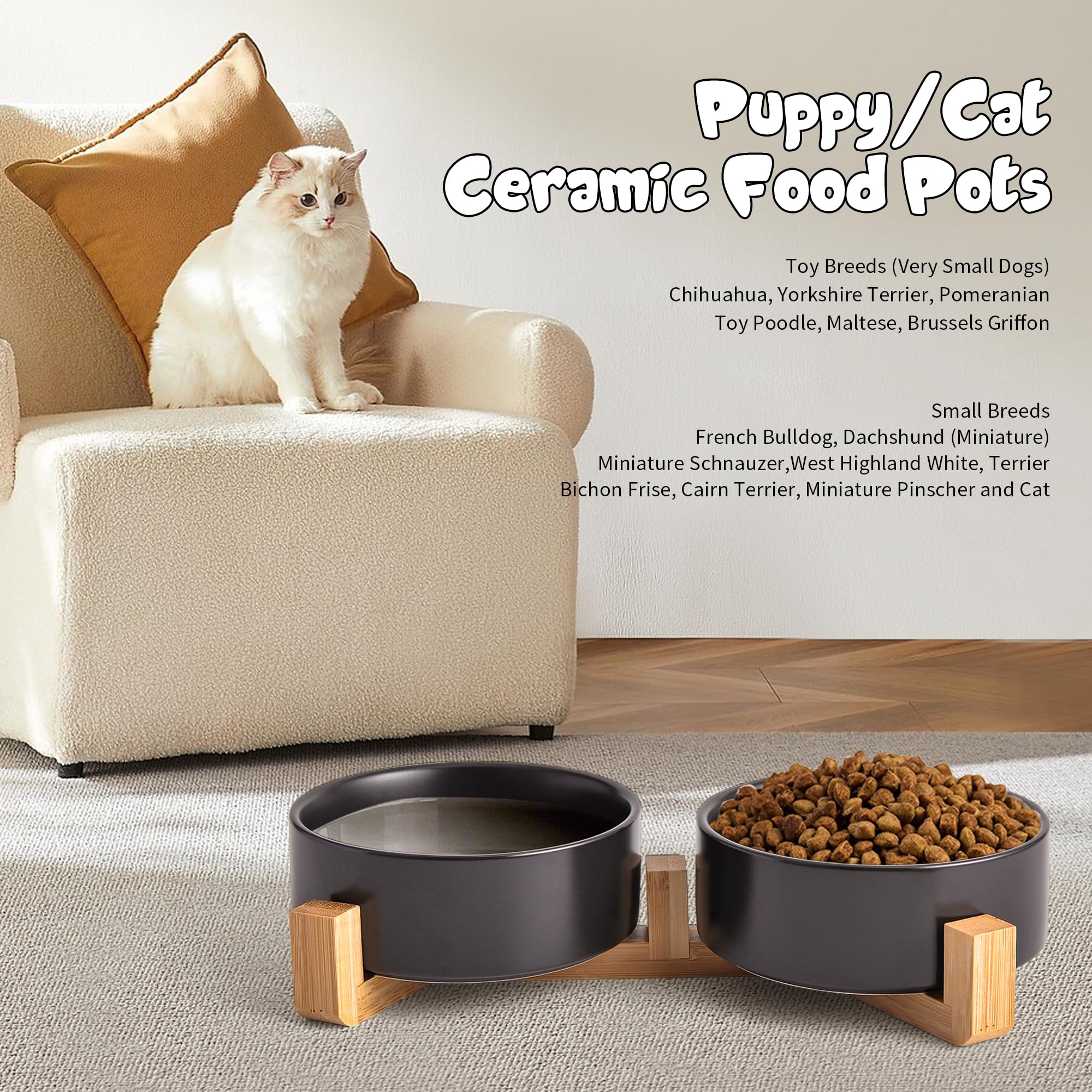 Mowtanco 13.5 oz water bowl in black ceramic for hydration.
